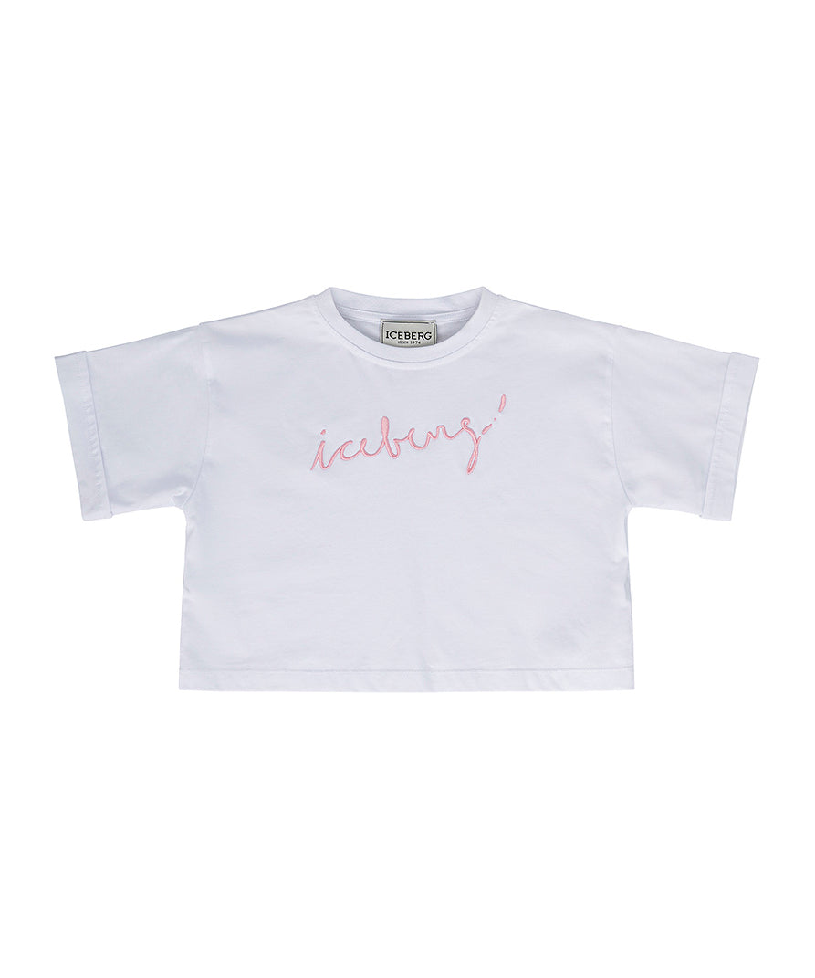 Iceberg Kids T-shirt Crop Bianca con Logo per Bambine