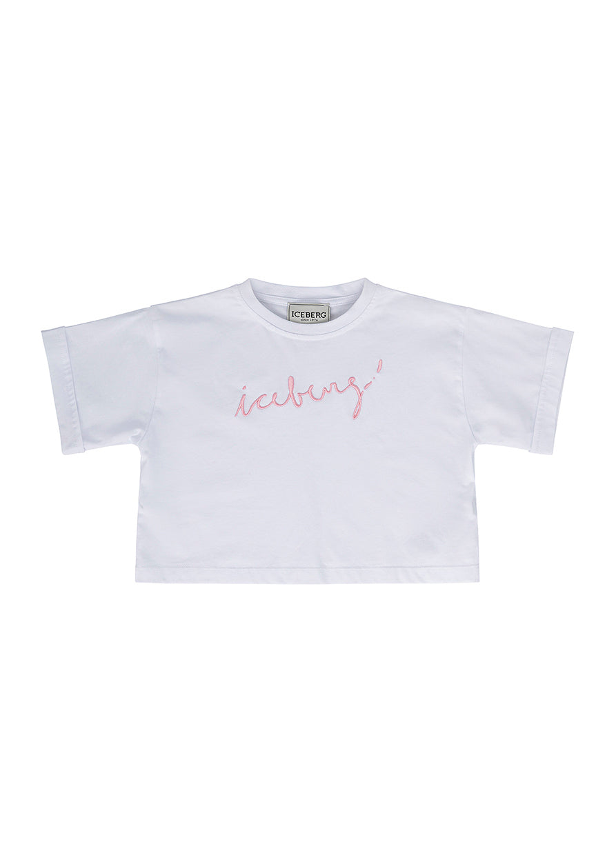 Iceberg Kids T-shirt Crop Bianca con Logo per Bambine
