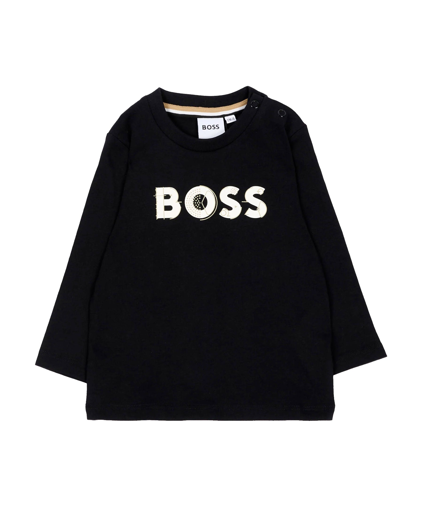 BOSS Kids T-shirt Nera a Maniche Lunghe con Logo Stampato per Neonati