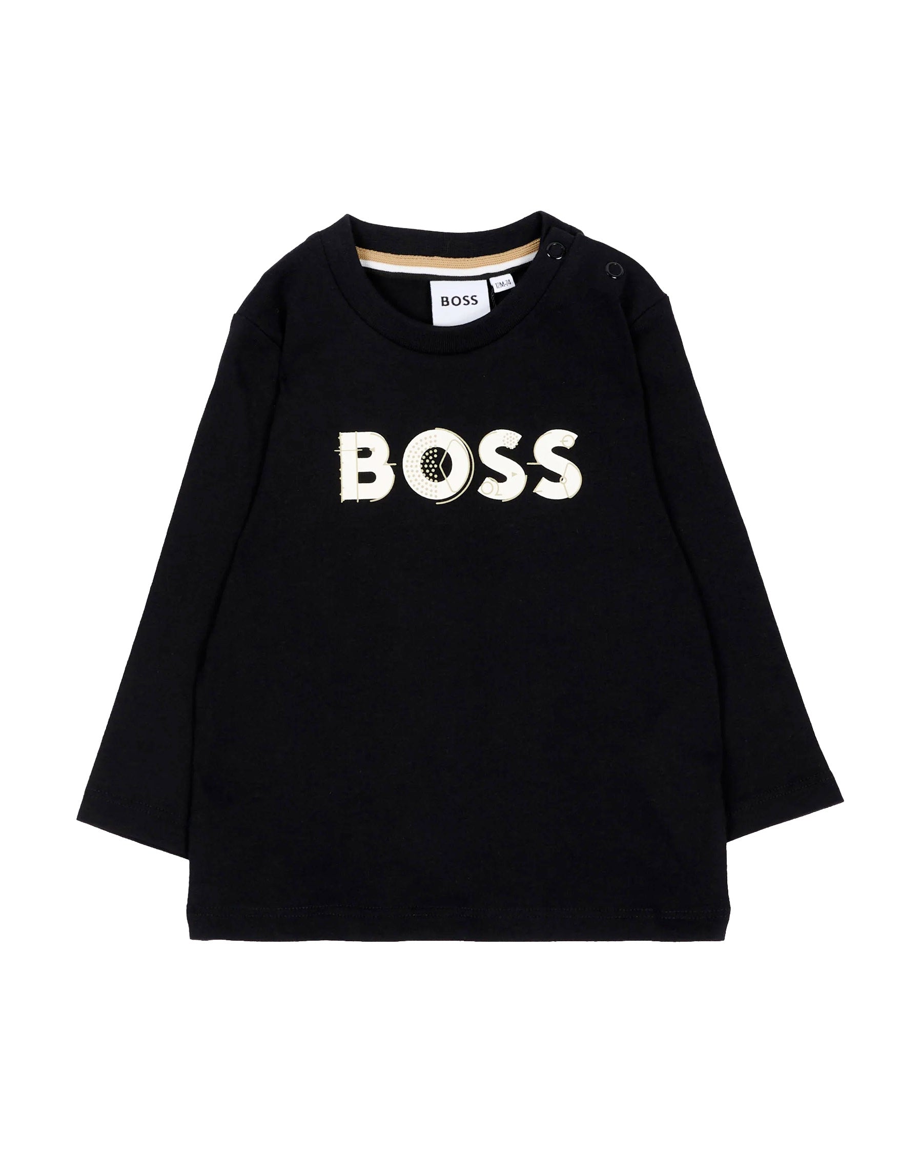 BOSS Kids T-shirt Nera a Maniche Lunghe con Logo Stampato per Neonati