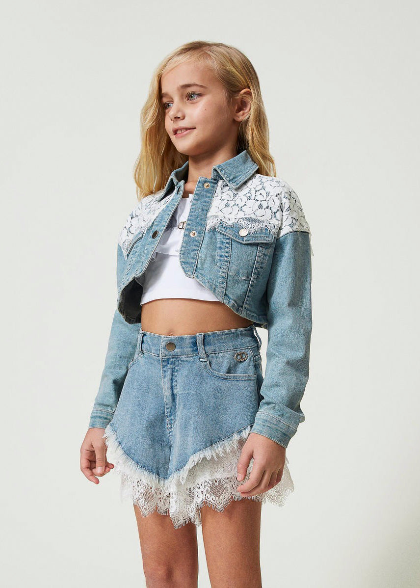 Twinset Kids Shorts in Jeans con Balze in Pizzo 