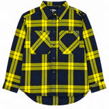 MSGM Kids Camicia Fantasia a Quadri Blu Scuro e Giallo con Logo per Bambine