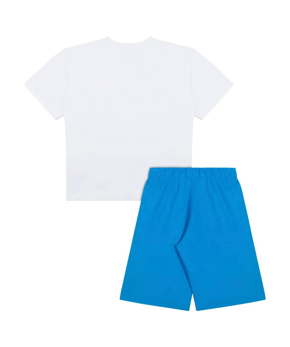 Moschino Kids T-Shirt Bianca con Shorts Azzurri con Stampa per Bambini