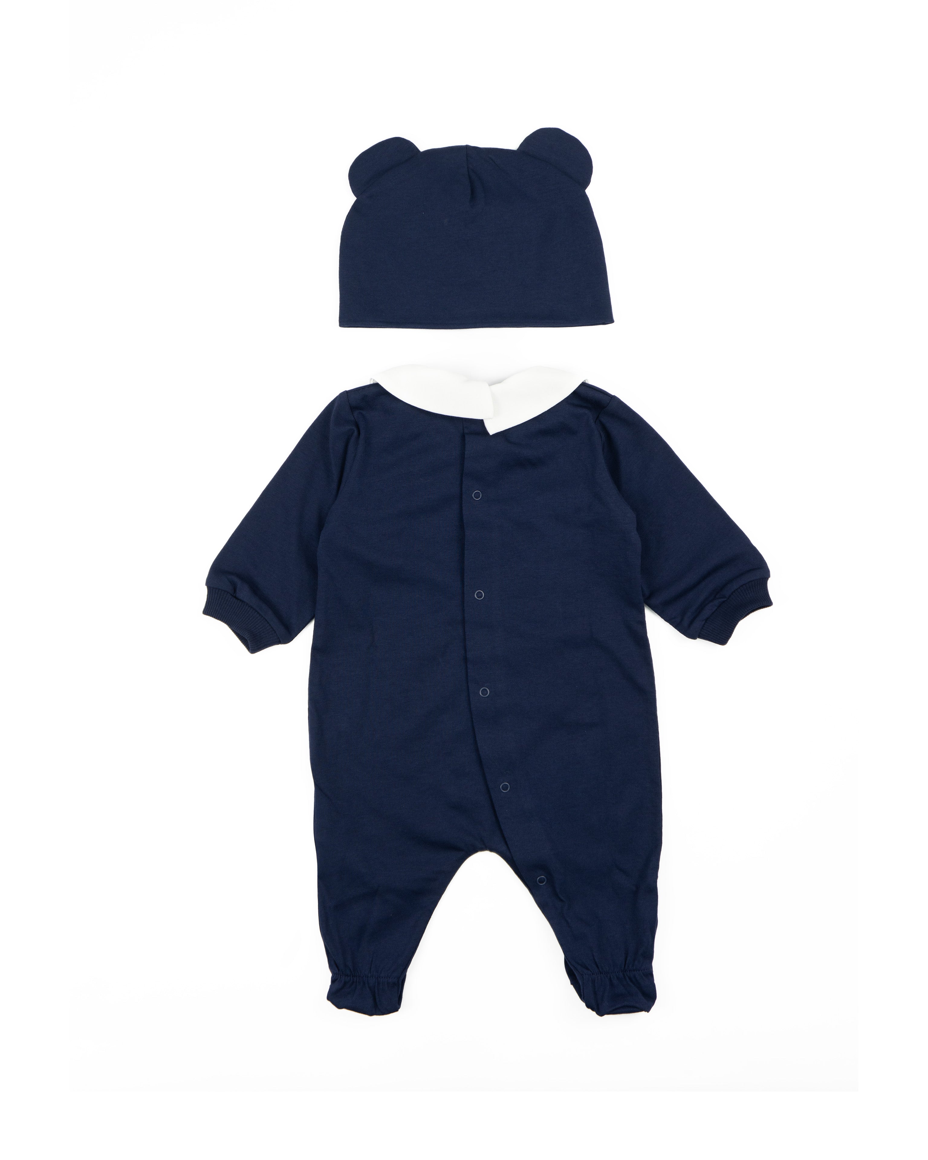 Moschino Kids Set 2pz. Tutina e Cappellino Blu Navy con Stampa Logo Teddy per Neonati