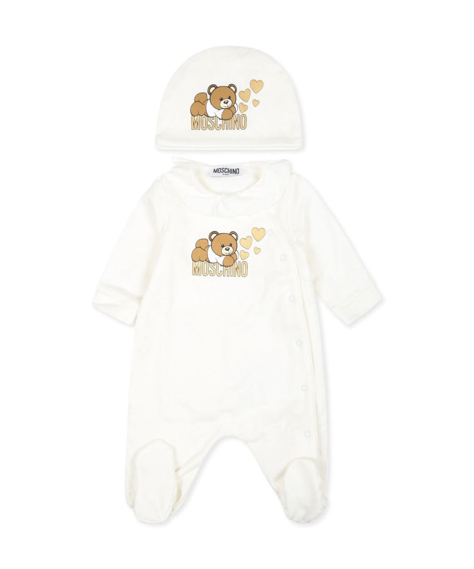Moschino Kids Tutina Panna con Cappellino con Teddy Bear per Neonate