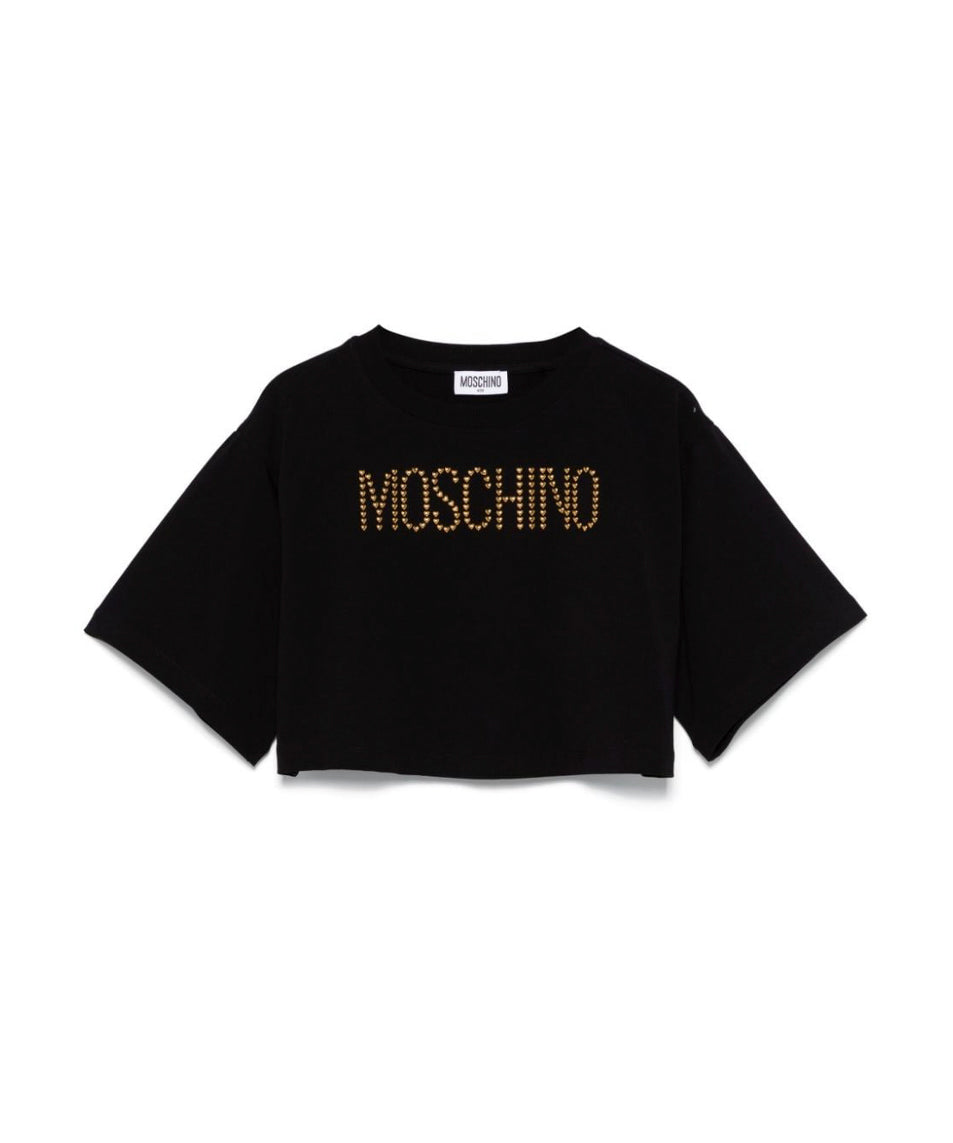 Moschino Kids T-shirt Nera Crop con Logo Borchiato per Bambine