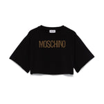 Moschino Kids T-shirt Nera Crop con Logo Borchiato per Bambine