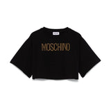 Moschino Kids T-shirt Nera Crop con Logo Borchiato per Bambine