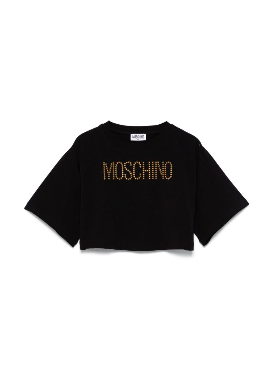 Moschino Kids T-shirt Nera Crop con Logo Borchiato per Bambine