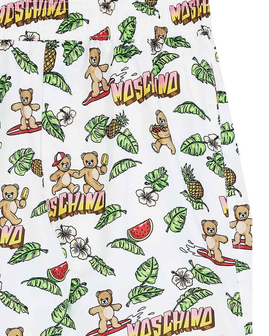 Moschino Kids Short Bianco con Fantasia Hawaii All-Over per Bambini
