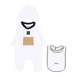 BOSS Kids Set Nascita 3 Pezzi Bianco con Tutina, Cappellino e Bavaglino con Logo per Neonati