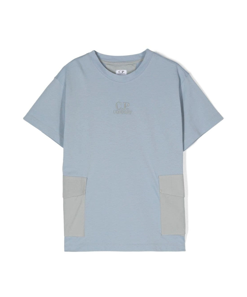 C.P. Company Kids T-shirt Blu Acciaio con Applicazione Tasche per Bambini (fronte)