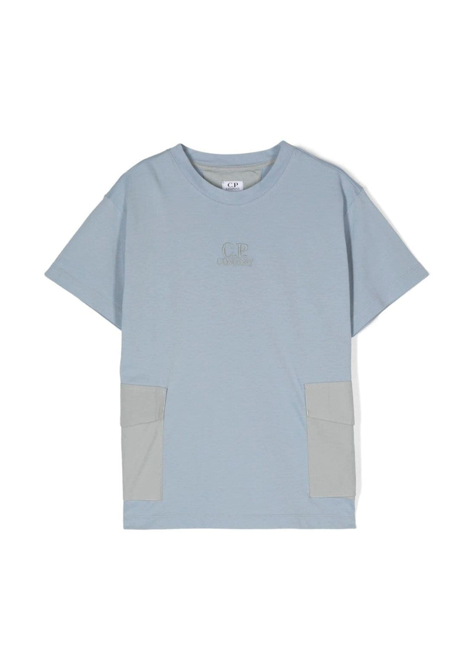 C.P. Company Kids T-shirt Blu Acciaio con Applicazione Tasche per Bambini (fronte)