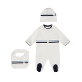Fay Kids Set Tutina+Bavetto+Cappello Avorio con Strisce Blu e Nere per Neonati