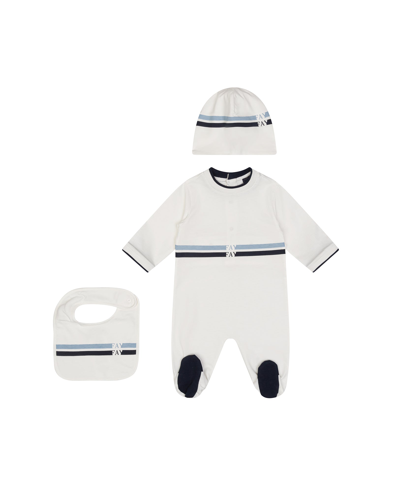 Fay Kids Set Tutina+Bavetto+Cappello Avorio con Strisce Blu e Nere per Neonati