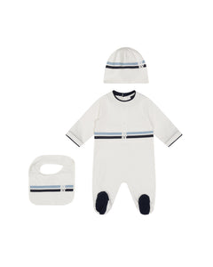 Fay Kids Set Tutina+Bavetto+Cappello Avorio con Strisce Blu e Nere per Neonati