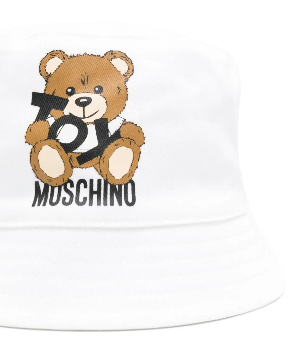 Moschino Kids Cappello Bucket Bianco con Stampa per Neonati