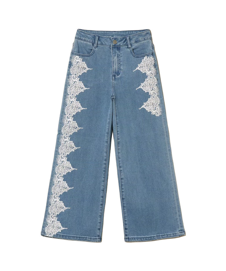 Twinset Kids Pantalone in Denim con Dettagli in Pizzo