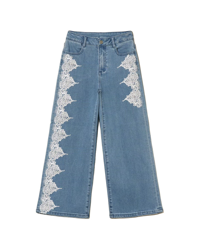 Twinset Kids Pantalone in Denim con Dettagli in Pizzo