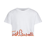 Just Cavalli Kids T-Shirt Crop Bianco con Logo Arancione per Bambine