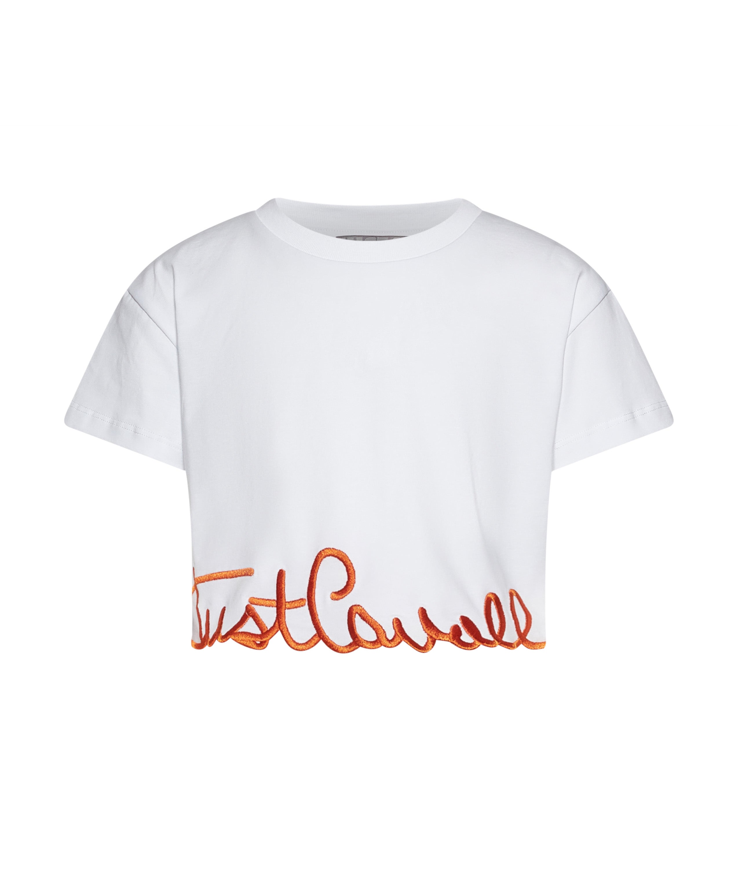 Just Cavalli Kids T-Shirt Crop Bianco con Logo Arancione per Bambine
