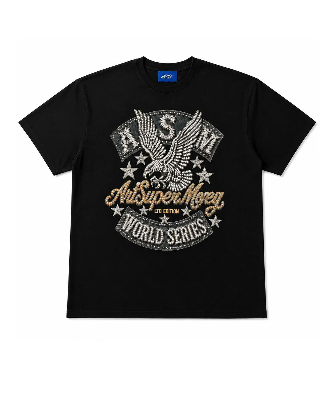 ArtSuperMoney T-Shirt Nero con Stampa Aquila con Strass per Bambini