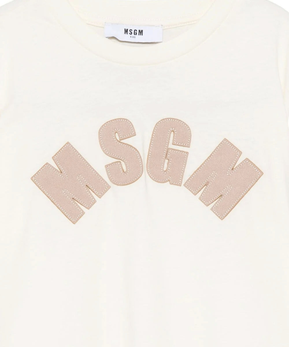 MSGM Kids T-Shirt Crema con Logo Lettering Cammello per Bambine
