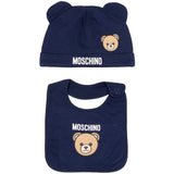 Moschino Kids Set Blu Navy con Cappellino e Bavaglino con Stampa Teddy Bear e Logo Unisex