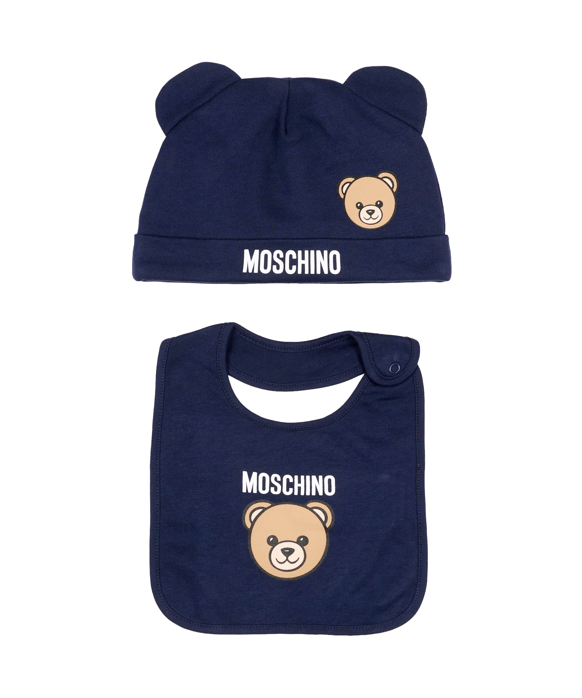 Moschino Kids Set Blu Navy con Cappellino e Bavaglino con Stampa Teddy Bear e Logo Unisex
