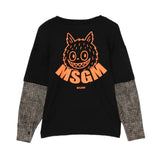 MSGM Kids T-Shirt Maniche Lunghe Nero con Stampa Arancione per Bambini