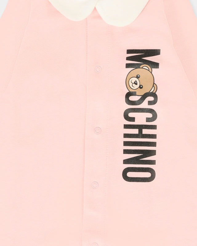 Moschino Kids Tutina Rosa con Logo Vertical per Neonate