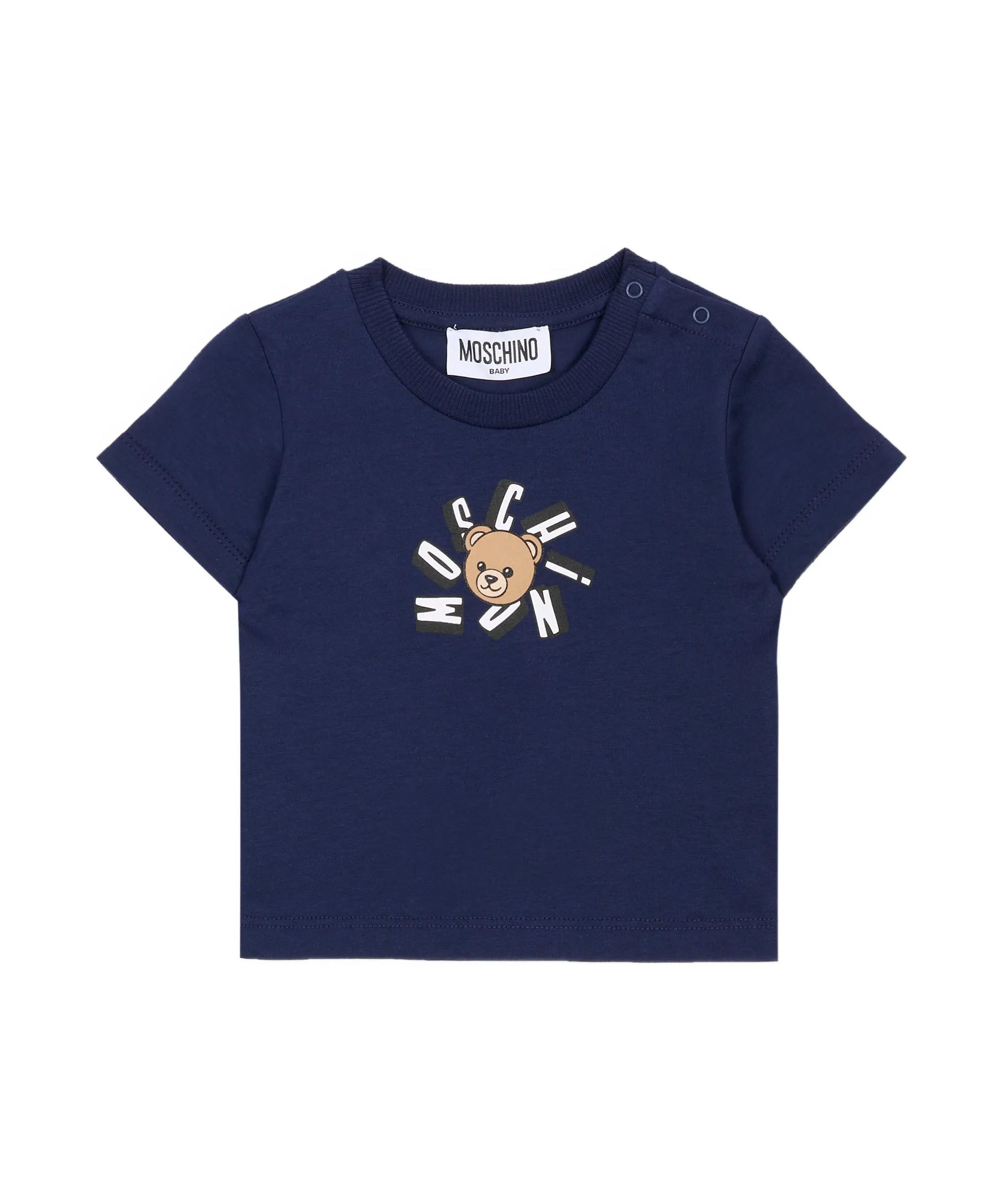 Moschino Kids T-Shirt Blue con Logo Teddy Bear per Neonati