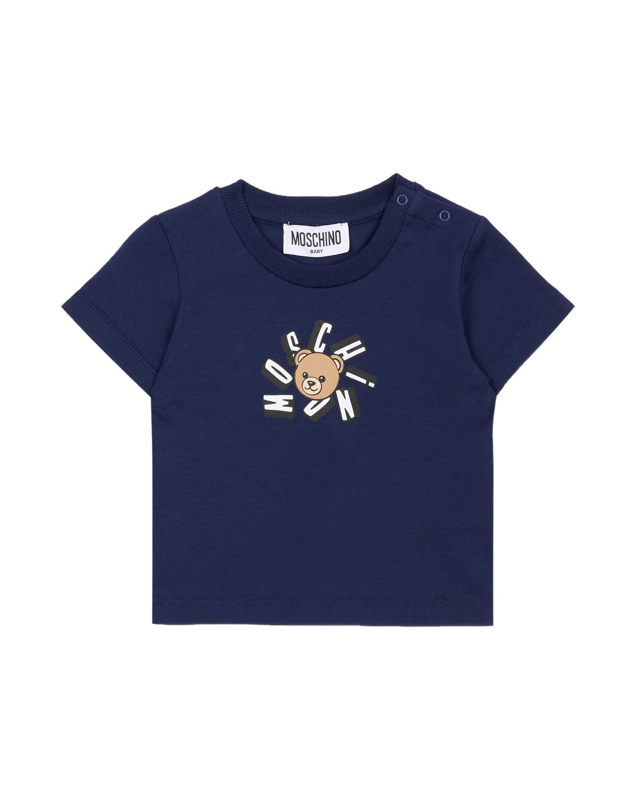 Moschino Kids T-Shirt Blue con Logo Teddy Bear per Neonati