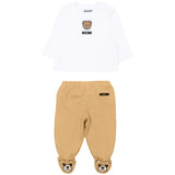 Moschino Kids Completo Bianco/Beige con Logo Teddy Bear per Neonati