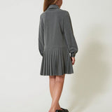 Twinset Kids Abito Grigio Melange con Plissè e Cravatta per Bambine (retro)