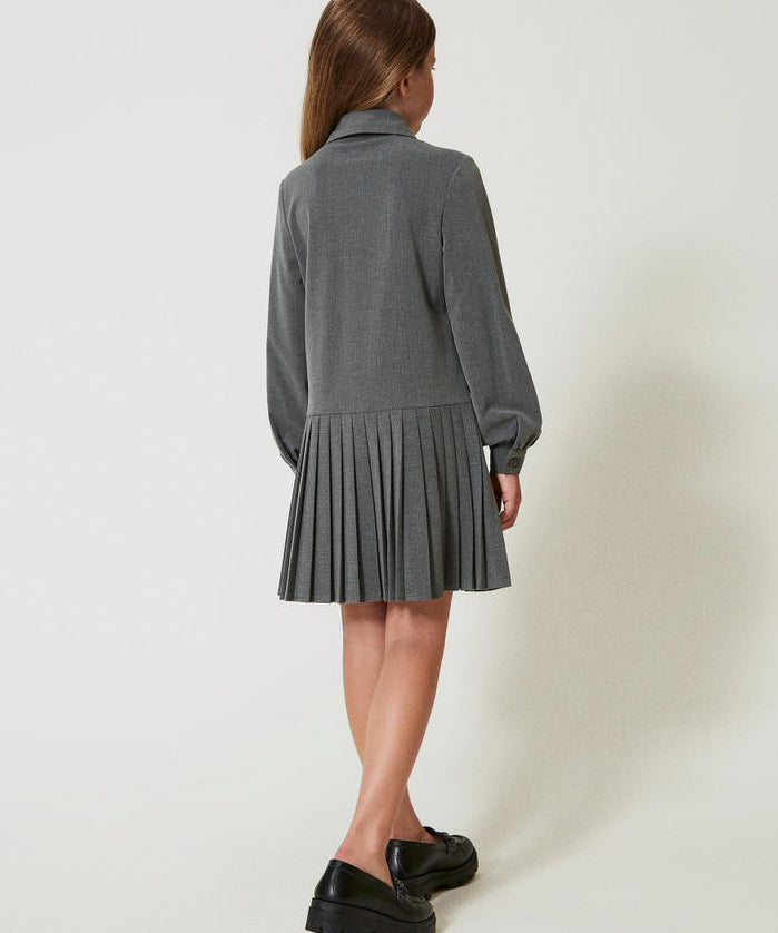 Twinset Kids Abito Grigio Melange con Plissè e Cravatta per Bambine (retro)