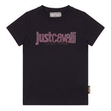 Just Cavalli Kids T-Shirt Nero con Logo Strass Rosa per Bambine