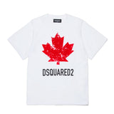Dsquared2 Kids T-Shirt Bianca con Stampa Logo Foglia a Contrasto Rossa per Bambini