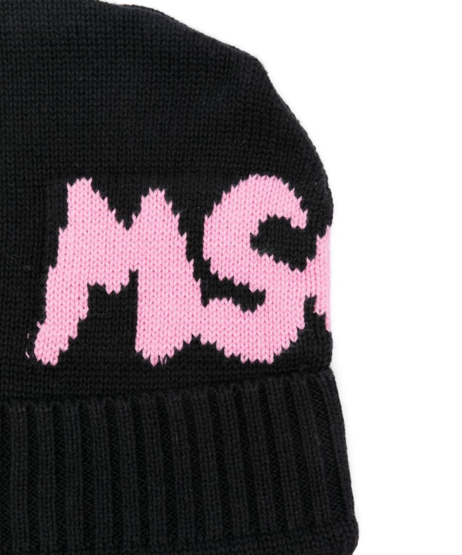 MSGM Kids Cappello Beanie Nero/Rosa con Stampa per Bambine (dettaglio)