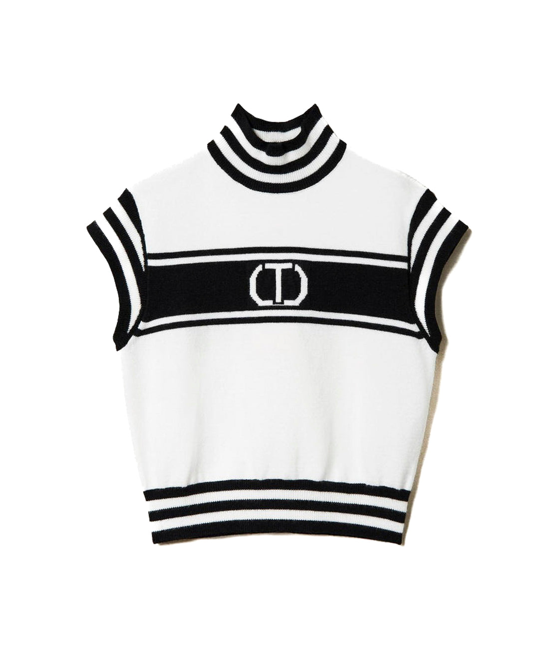 Twinset Kids Lupetto Maniche Cort con Logo Jacquard Bianco/Nero per Bambine