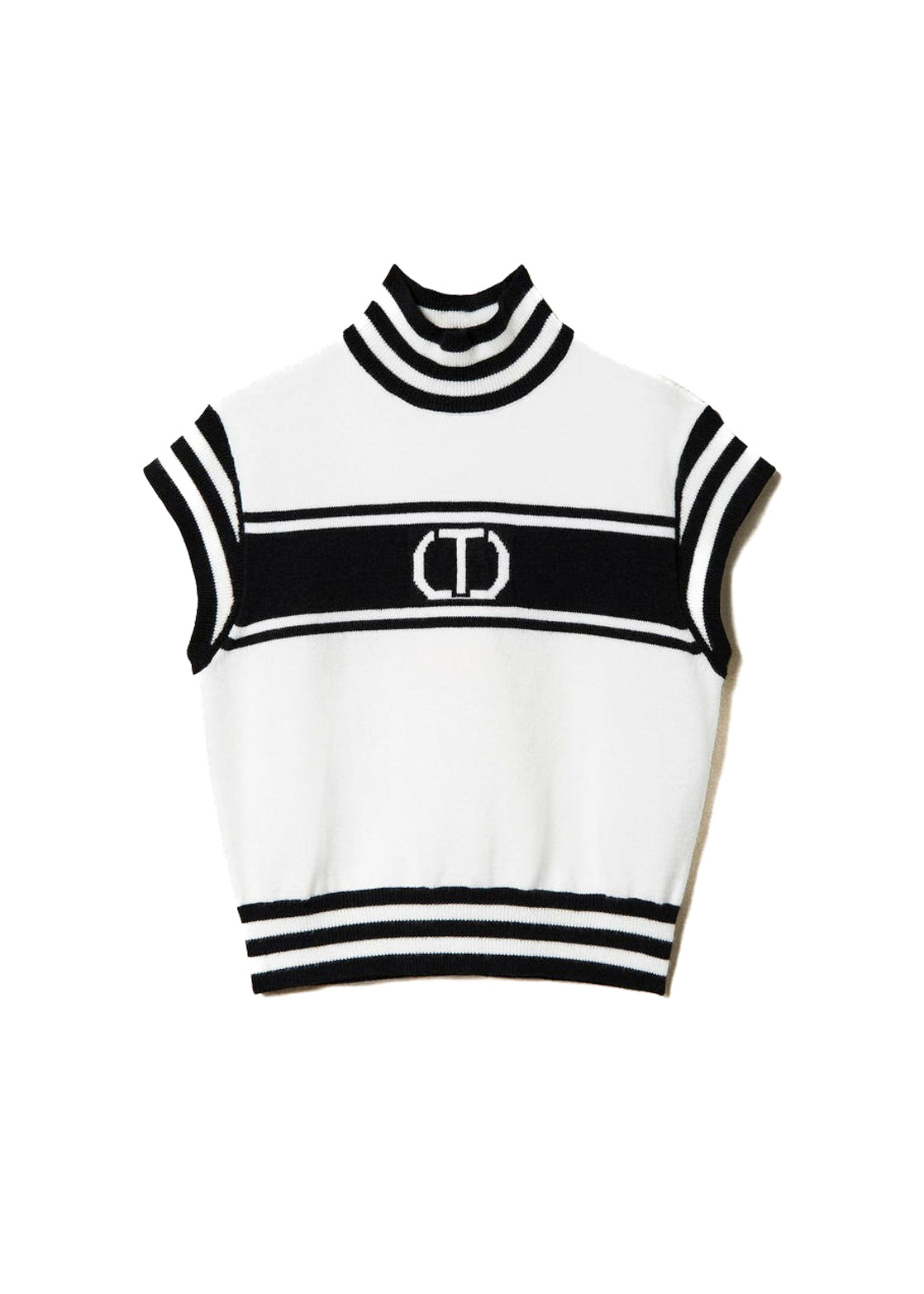 Twinset Kids Lupetto Maniche Cort con Logo Jacquard Bianco/Nero per Bambine