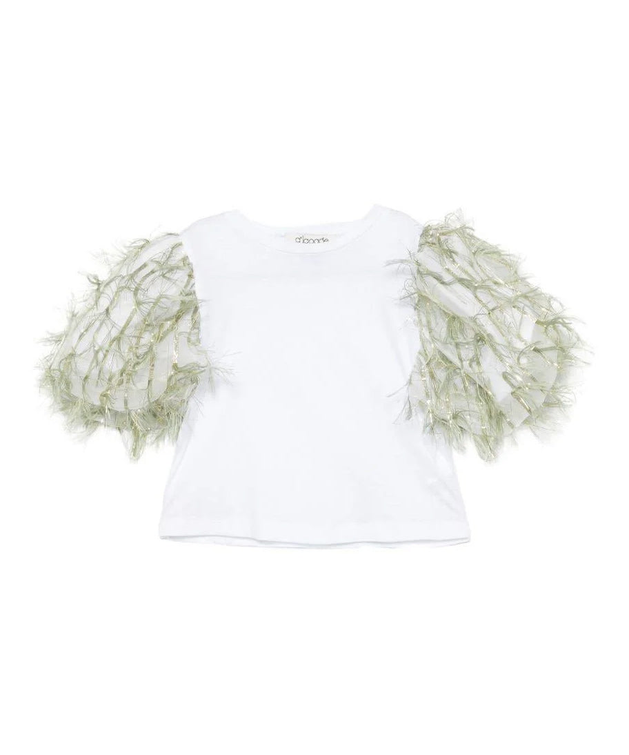 A'lapage Kids T-Shirt Bianco con Maniche Frangiate Oliva per Bambine