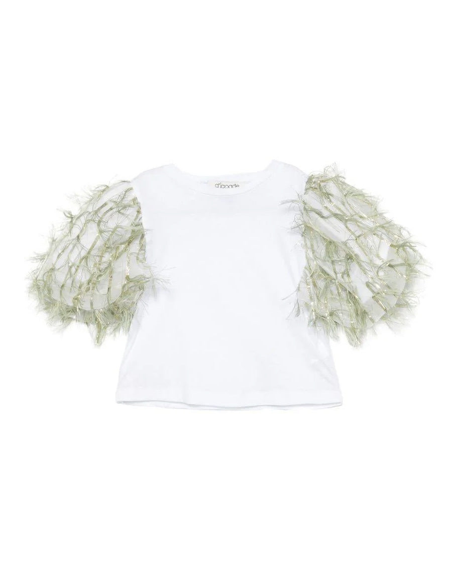 A'lapage Kids T-Shirt Bianco con Maniche Frangiate Oliva per Bambine