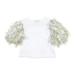 A'lapage Kids T-Shirt Bianco con Maniche Frangiate Oliva per Bambine