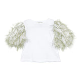 A'lapage Kids T-Shirt Bianco con Maniche Frangiate Oliva per Bambine