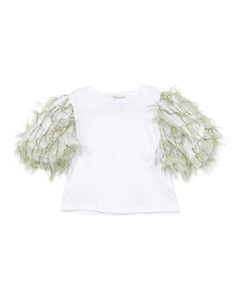 A'lapage Kids T-Shirt Bianco con Maniche Frangiate Oliva per Bambine