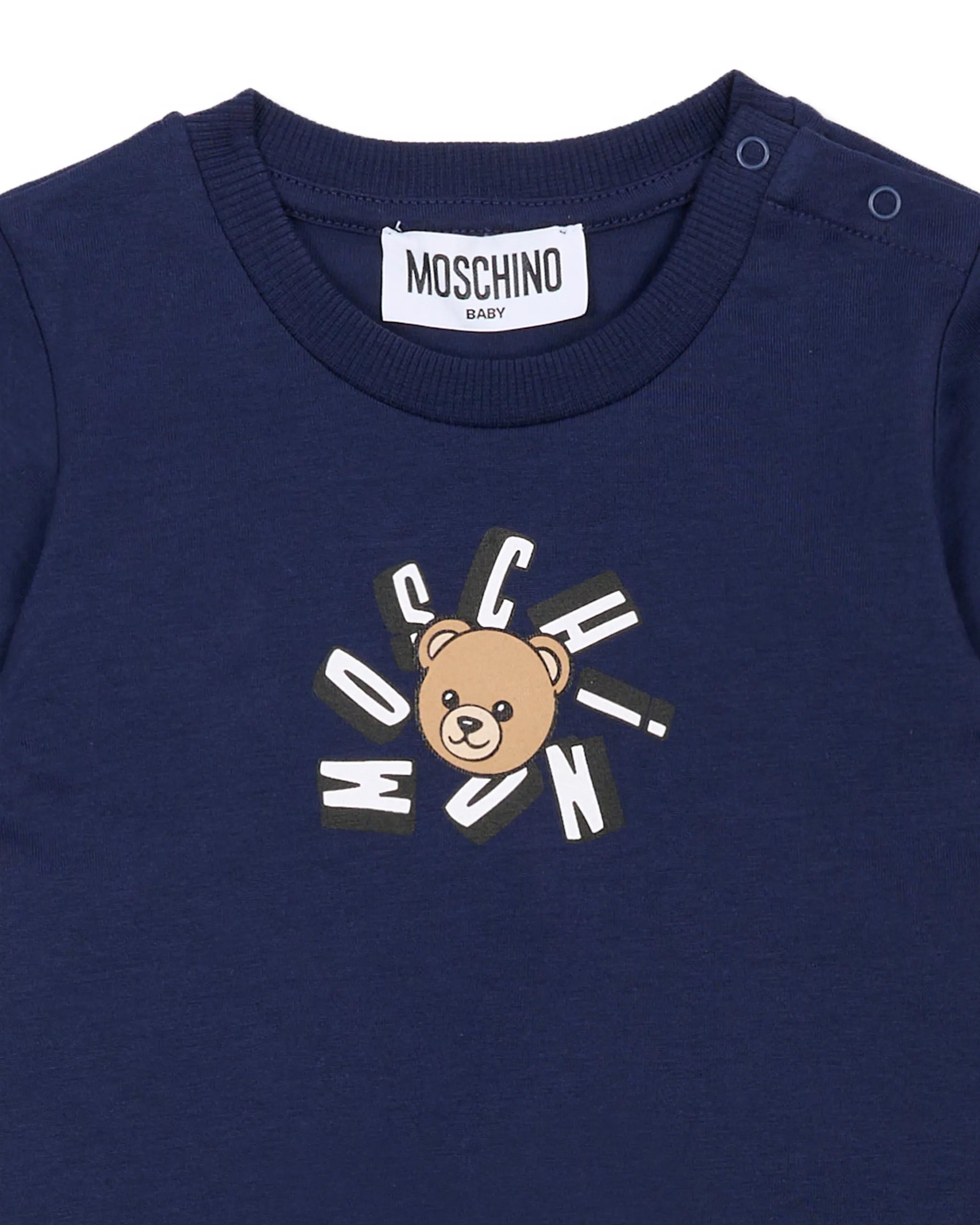 Moschino Kids T-Shirt Blue con Logo Teddy Bear per Neonati