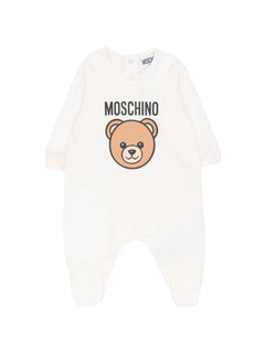 Moschino Kids Tutina Panna con stampa Logo Teddy Unisex per Neonati