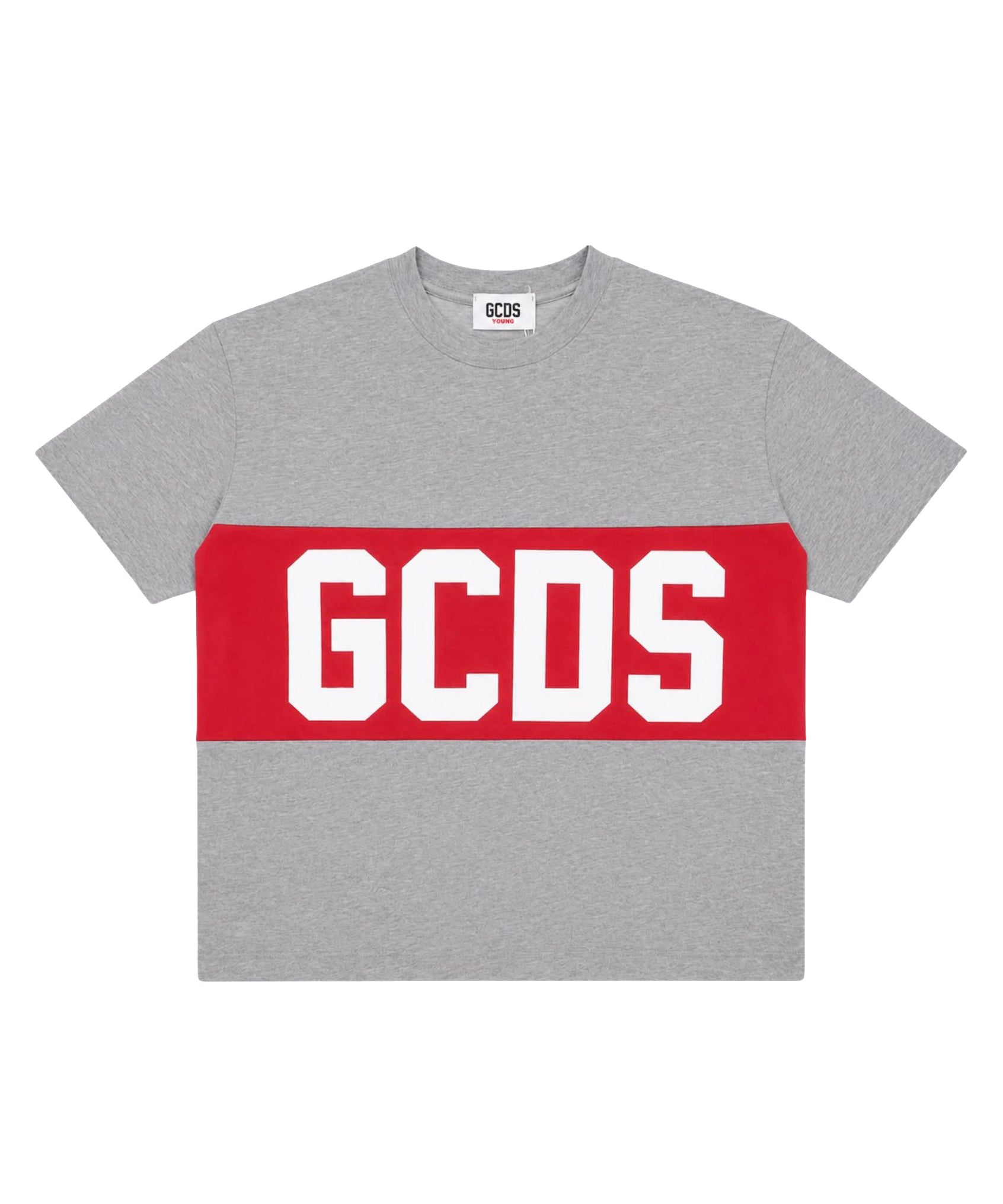 Gcds Kids T-Shirt Grigio con Banda Logata Rossa Unisex