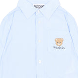 Moschino Kids Camicia Celeste a Righe+Pantalone in Denim con Logo Teddy per Neonati
